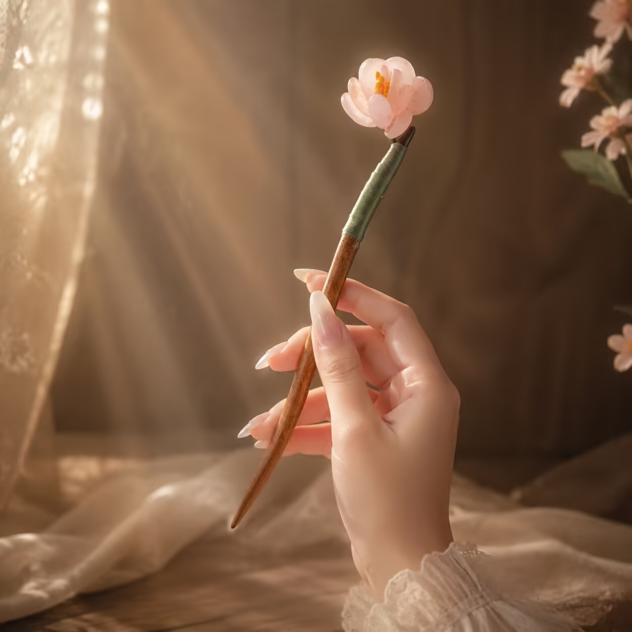 Chinese-style Gentle Pink Peach Blossom Wooden Hairpin